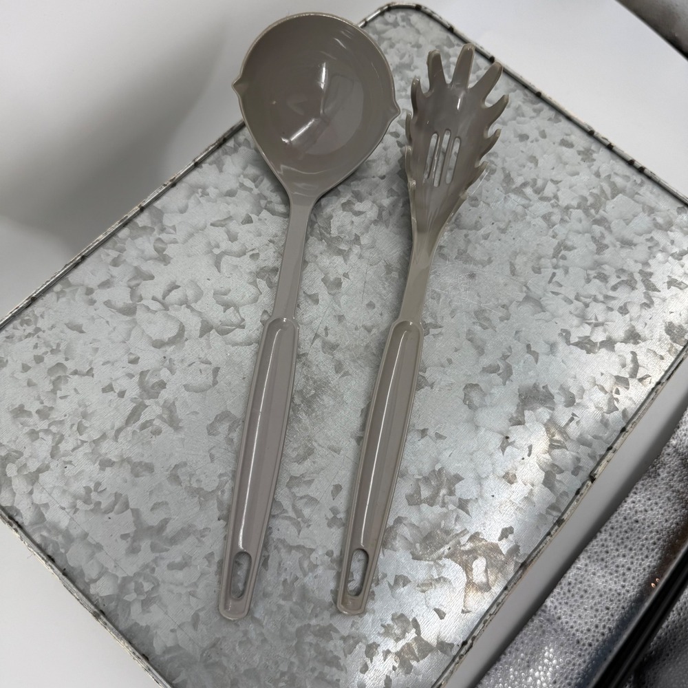 Vintage EKCO USA Kitchen Utensil Set Taupe Gray Ladle and Pasta Server 2pc